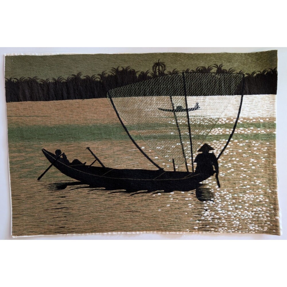 Vietnamese Hong Ngoc Hand Embroidered Fishing Boat Textile Art 24x16